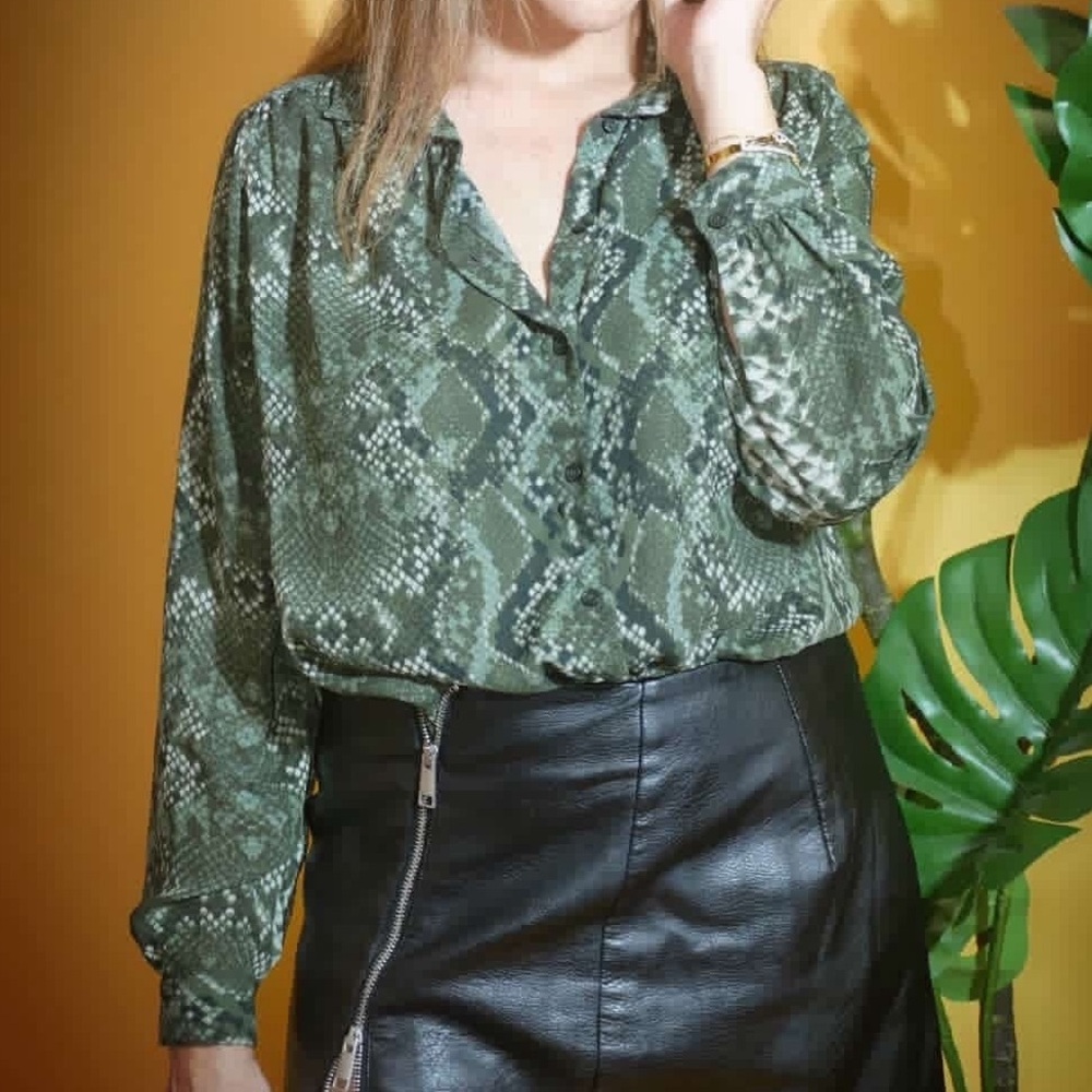 🔵 Green Snake Print Button Down Shirt
